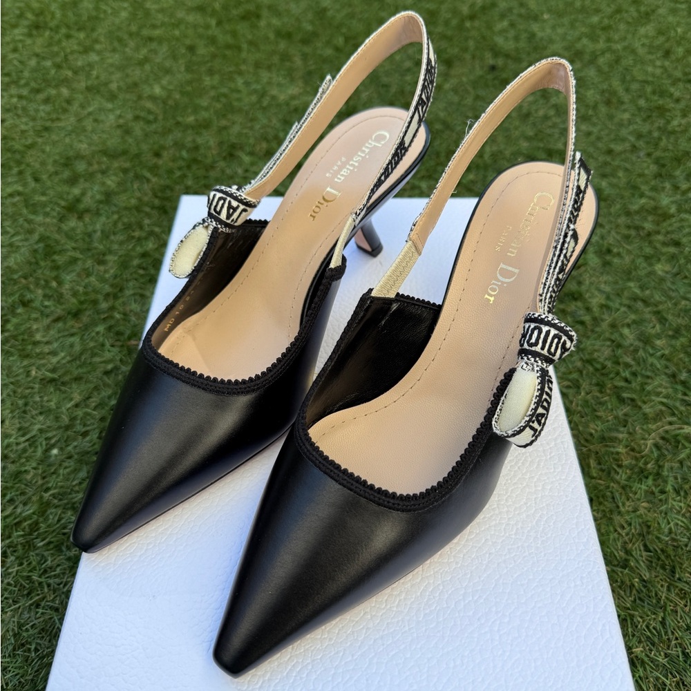 CHRISTIAN DIOR J'ADIOR BLACK CALFSKIN LEATHER SHOES SLINGBACKS KITTEN HEELS 37.5 - Picture 5 of 15